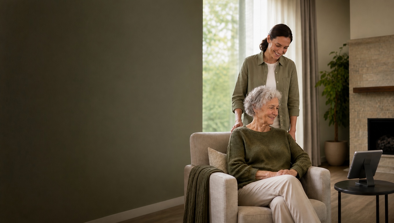 A senior living resident with a care team member using Willow on an in-room display